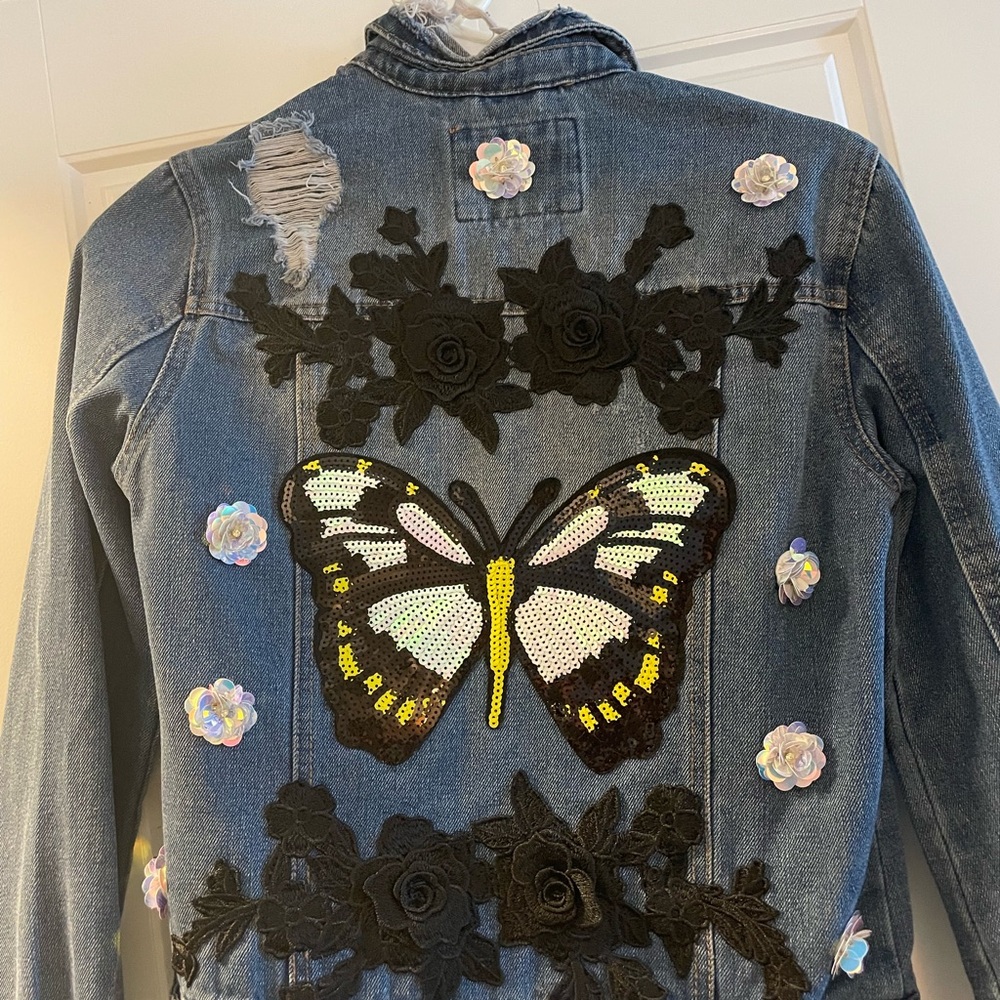 Embroidered Denim Jacket with Butterfly Design